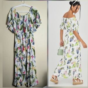 Tropical Print Maxi Dress Off Shoulder A-line Tassel Designed In Australia Rayon